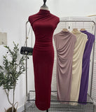 Unique Dress With Thin Folds And Hips High-Collar After The Opening Of The Fork Dress