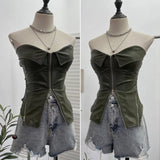 Shooting Hottie Retro Tender With Chest Pad Wrapped Bra Zipper Design Smear Bra Vest Short Sleeveless Top