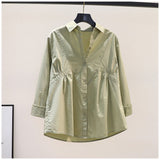 2025 Spring And Autumn New Clad Waist Design Folds Loose Cotton Shirt Women Blue Long-Sleeved