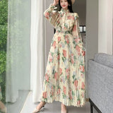 2025 New Long-Sleeved Heavyweight Bow Long Print Chiffon Sweet Dress Seaside