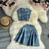 Zingj Cool Hot Girl Suit Skirt Female Summer Short Jeans Strapless Vest Top Two Set High Waist A-Line