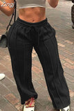 Women Early Autumn Casual Solid Bright Line Decoration Trousers Elastic Waist Shirring Simple Sporty Straight