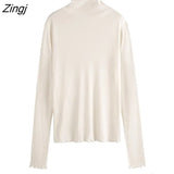 Women Summer Fashion Slim Pile Collar Simple Solid Stretchy Long Sleeve Tops Korean Style All-match Edible Tree