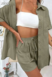 Shirts Suit Wide-leg Shorts Two Piece Set 2023 Short Sleeve Cotton Casual Long Blouse Women Pockets Loose Outfits
