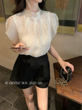 Xixi 2025 Summer New Korean Version Of The Temperament Flowers Chiffon Short-Sleeved Shirt Women Top Women