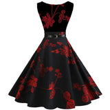 Print Summer Dress Women Sleeveless Tunic Elegant Vintage Dress Belt Party Dresses Casual Sundress