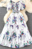 Women Floral Chiffon Dress Vacation Beach Vestidos Female Elegant Slash Neck High Waist A-Line Midi Robe Bohemian