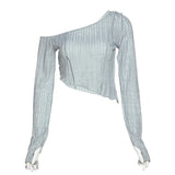 Zingj 2023 New Women's Solid Color Fashion Diagonal Shoulder Sexy Perspective Slim Wooden Ear Long Sleeve T-Shirt-Outfit