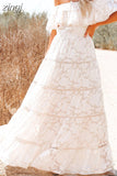 Dress Women White Slash Neck Dress Summer Butterfly Sleeve Lace Stitching Long Sundress Boho Hollow Out Vestido