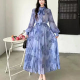 Wind Two Sets Of Female High-Grade Bow Tie With Lantern Sleeve Print Shirt Pendant Half-Body