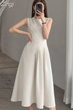 O-neck Woman A-line Dresses for Women Sleeveless Slim Waist Female Solid Dress Elegant Ladies Midi Vestidos Summer