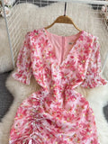 Vintage Women Pink Floral Printed Mermaid Bodycon Dress Female Elegant V-Neck Short Sleeve Draw String Vestidos