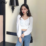 Women Solid Spring New Arrival Retro Puff Sleeve Tunic Crop Top Elegant Sexy Bodycon Long Sleeve Shirt Korean Lady