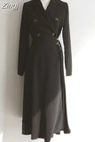 Double-Breasted V-Neck Lace-up Belt Office Lady A-Line Long Sleeve Slim Waist Pleated Midi Dress Women Korea Autumn