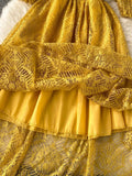 Women Lace Dress Spring Autumn Stand Collar Puff Sleeve High Waist Party Robe Female Elegant Green/Purple Midi