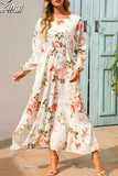 Women Summer Dress Floral Print Casual Long Dresses Female Long Sleeve Elegant A Line Beach