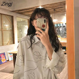 Shirts Women Long Sleeve Print Ulzzang Cat Turn-down Collar Students Designed Womens Korean Style with Buttons