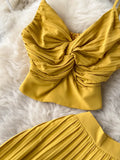 Women Pleated Two Piece Set Sexy Female Criss Cross Twist Strap Tops + High Waist Draped Pants Beach Suits Vacation
