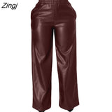 Womens PU Faux Leather Straight Pants High Waist Female Loose Wide Leg Trousers Pocket Fashion Vintage Leisure