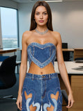 Sexy Babes Denim Top 2025 Summer New Retro Water Wash Love Splicing Body Repair Bra Vest