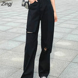 Women Denim Hole Button Pockets Loose 5XL Black Trousers Baggy Chic Harajuku Daily Scratched Wide Leg Streetwear