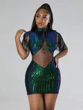 Sequined Tassel Sleeve Mesh Patchwork Bodycon Midi Dresses for Women Winter Autumn Sexy Party Club Even Dress