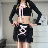 Zingj Winter New Ins Pure Desire Hot Girl Lace With Long Sleeve Top Lace Splicing Package Buttock Skirt Suit