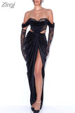 Sexy Off Shoulder Velvet Maxi Corset Dress Lace Black Evening Party Dresses with Gloves Runway Outfits 2023