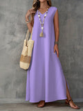 Summer Dress Women's Sleeveless V-Neck Side Opening Dress Elegant Long