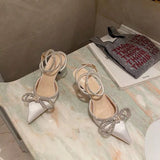 New Fashion Pointy Bow Water Drill High Heels Silk Stumbling Buckle Fine Women Sandals