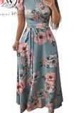 Women Summer Maxi Dress 2023 Casual Short Sleeve Boho Floral Print Long Dress Turtleneck Bandage Elegant Party Dresses