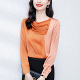 Women Shirt Silk Color Matching Blouses for Women Pleated Diagonal Button Clothes Women O-neck Long Sleeve Basic