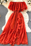 Slash Neck Chiffon Long Dress Women Red/Green/Purple Irregular Ruffle Short Sleeve High Waist Beach Vestidos Female