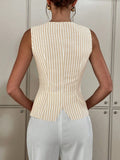 New Women's Single-Drace Vest Coat Elegant Striped Round-Neck Button Vest