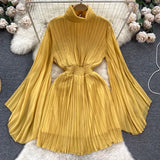 Zingj Of Pleated Horn Sleeve High Collar Dress Female Spring And Summer French Light Luxury Minority Design Sense Of Waist Chiffon