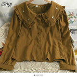 Embroidered Flowers Shirt Women Korean Peter Pan Collar Lolita Blouses Elegant Long Sleeve Single Breasted Blusas