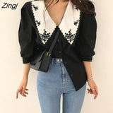 Embroidery Women Blouse Summer Sweet Peter Pan Collar Shirt Female Elegant Design Button Up Puff Short Sleeve Crop