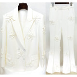 Hot New Double Buckle Heavy Industry Three-Dimensional Flower Decoration Suit Jacket + Trousers