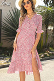 Sleeve Boho Dress Summer Women Floral Printed Holiday Beach Dress V-Neck Elegant Lace-up Split Midi Sundress
