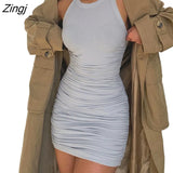 New Women Sleeveless Ruched Bodycon Slim Mini Dress Fashion Stylish Solid Color Ribbed Summer Sundress for Ladies