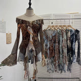 Shooting Retro Shoulder Tie-Dye Net Horn Long-Sleeved T-Shirt Irregular Lotus Leaf Side Ribbon Y2k Top