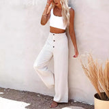 Women's Spring And Summer New Women's Pants Solid Cotton Tampons Tight Loose Leisure Wide Legs Women's