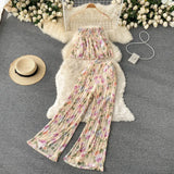 Women Summer Maxi Print Pants Suits New Sleeveless Strap Tops Female Casual Chiffon Two Pieces Sets Beach