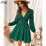 PETAL Plunge A-Line Mini Dress Woman Green Sexy Long Sleeve Party Dress 2023 Spring Autumn Female