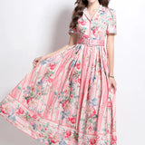 High-End Women's Dress 2025 Spring New Retro Collar Short-Sleeved Waist Print Long