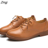 Women Brogue Shoes Woman Flats Autumn Spring Women's Oxfords Genuine Leather Full Black Flat Office Derby Female