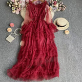 High-End Feel Leaf Edge Mesh Cake Dress Women's Waist Thin Temperament A Word Shoulder Super Fairy Long