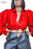 Loose Lady Sexy Tops Lantern Sleeve Vintage Silk Shirt Women Single-breasted Backless Satin Blouse Women Blusas New