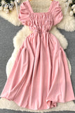 Vintage Women Square Collar Draped Dress Eleagant Puff Short Sleeve High Waist A-Line Knee-Length Robe Female New
