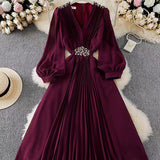 Retro High-End Feel V-Neck Lantern Sleeve Nail Diamond Dress Women's Waist Thin Temperament Elegant Swing Long